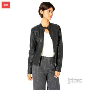 Faux Leather Moto Jacket with Zip Pockets, Stretch Panels, Machine Washable